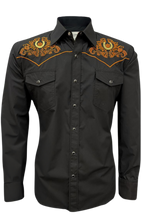 Load image into Gallery viewer, BUCKEROO SHIRTS: BLACK BROWN TRIBAL GOLD HORSESHOE PEARL SNAP
