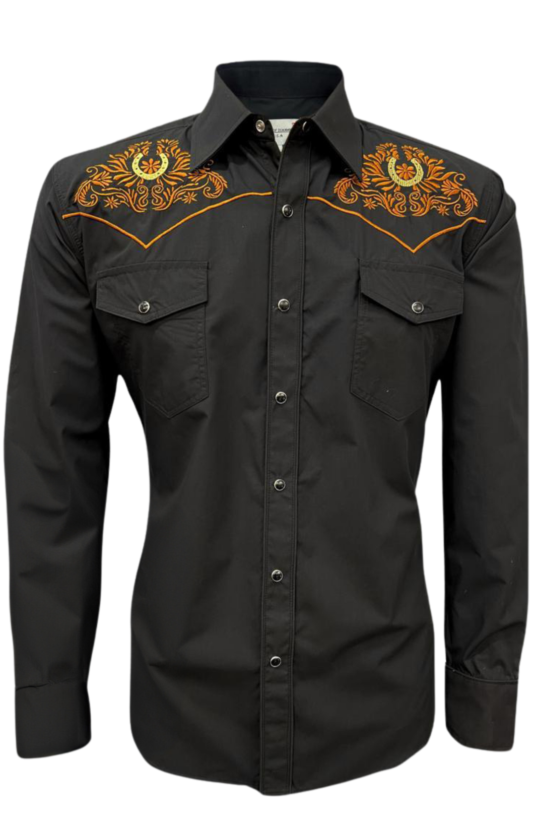 BUCKEROO SHIRTS: BLACK BROWN TRIBAL GOLD HORSESHOE PEARL SNAP