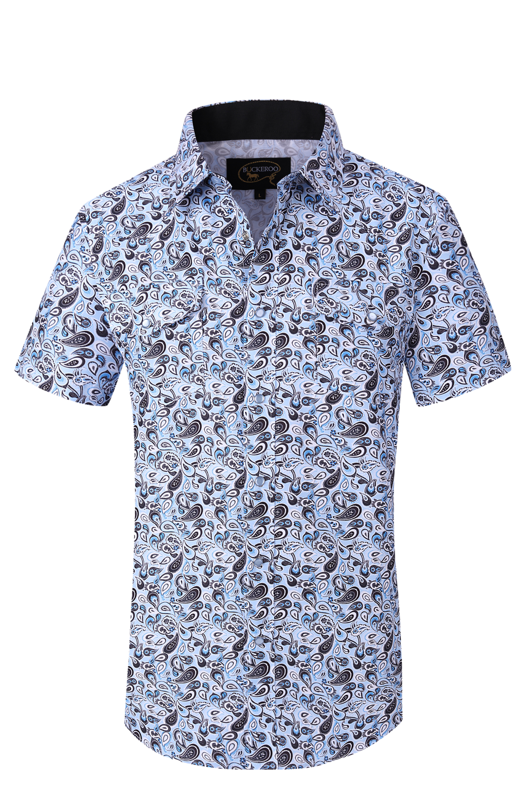 BUCKEROO SHIRTS: LIGHT BLUE/BLACK PAISLEY SHORT SLEEVE