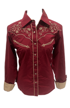 Load image into Gallery viewer, LADIES BUCKEROO SHIRTS: BURGUNDY RED TRIBAL EMBROIDERY PEARL SNAP
