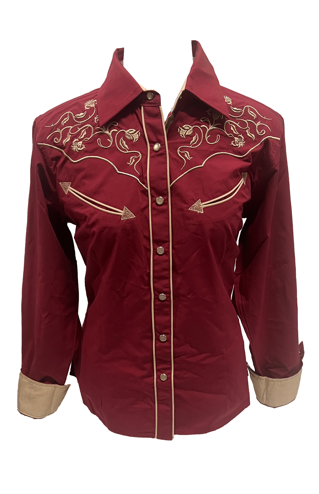 LADIES BUCKEROO SHIRTS: BURGUNDY RED TRIBAL EMBROIDERY PEARL SNAP