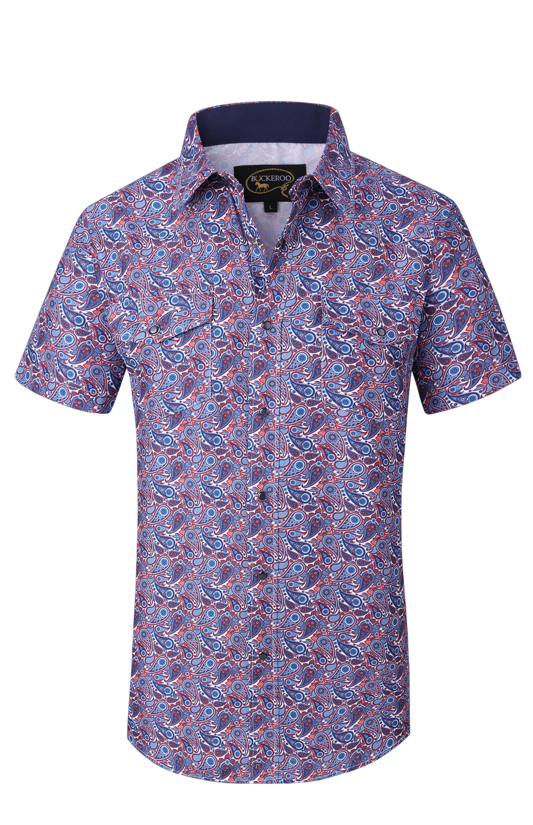 BUCKEROO SHIRTS: NAVY/BURGUNDY RED PAISLEY SHORT SLEEVE