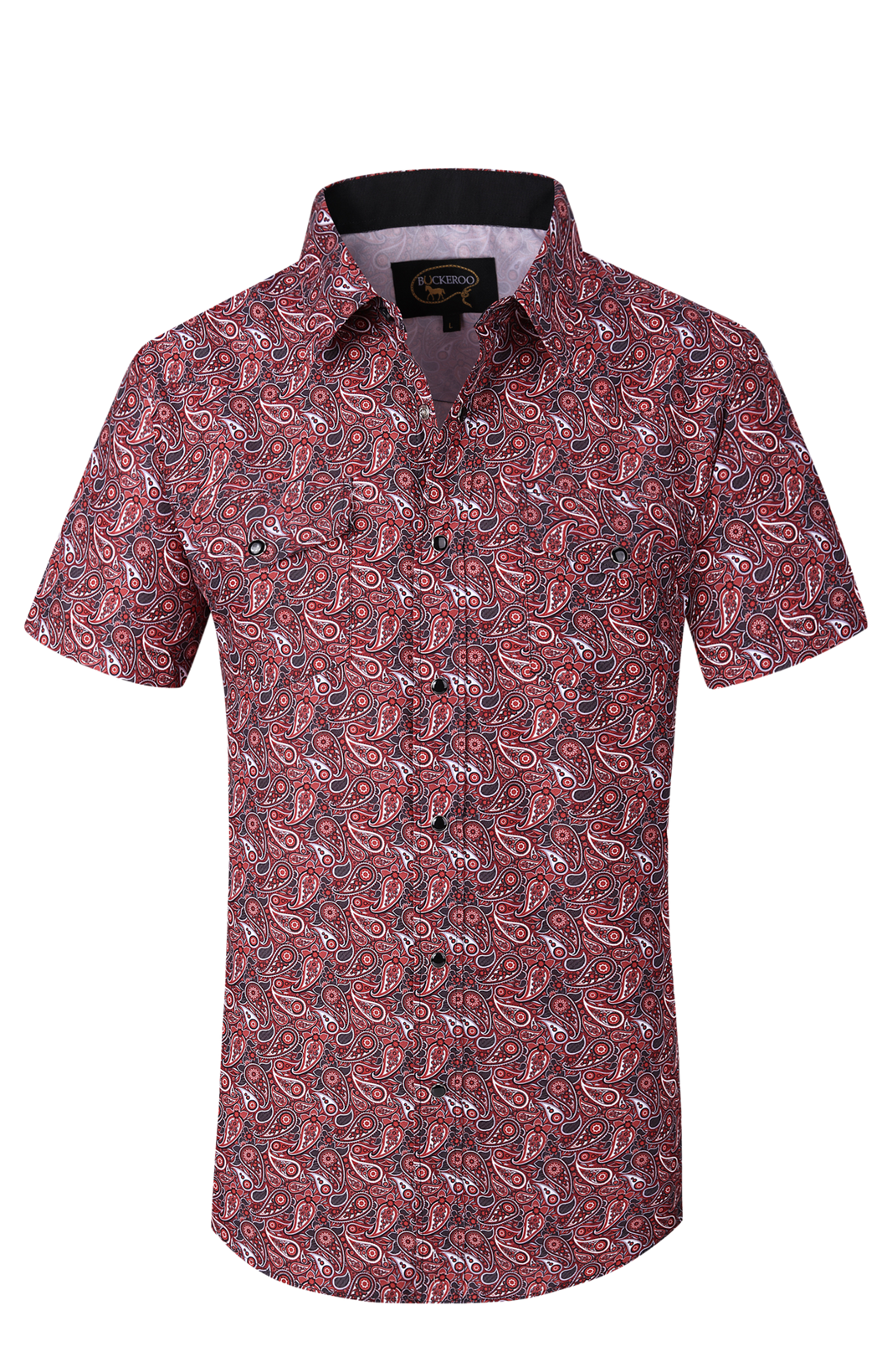 BUCKEROO SHIRTS: BURGUNDY RED/BLACK PAISLEY SHORT SLEEVE