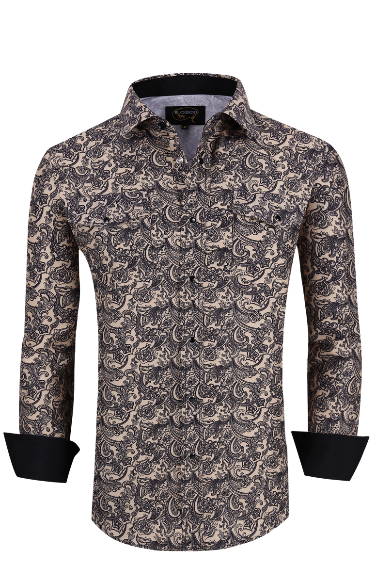 BUCKEROO SHIRTS: KHAKI/BLACK PAISLEY – Buckeroo Shirts