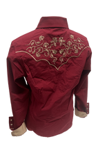 Load image into Gallery viewer, LADIES BUCKEROO SHIRTS: BURGUNDY RED TRIBAL EMBROIDERY PEARL SNAP
