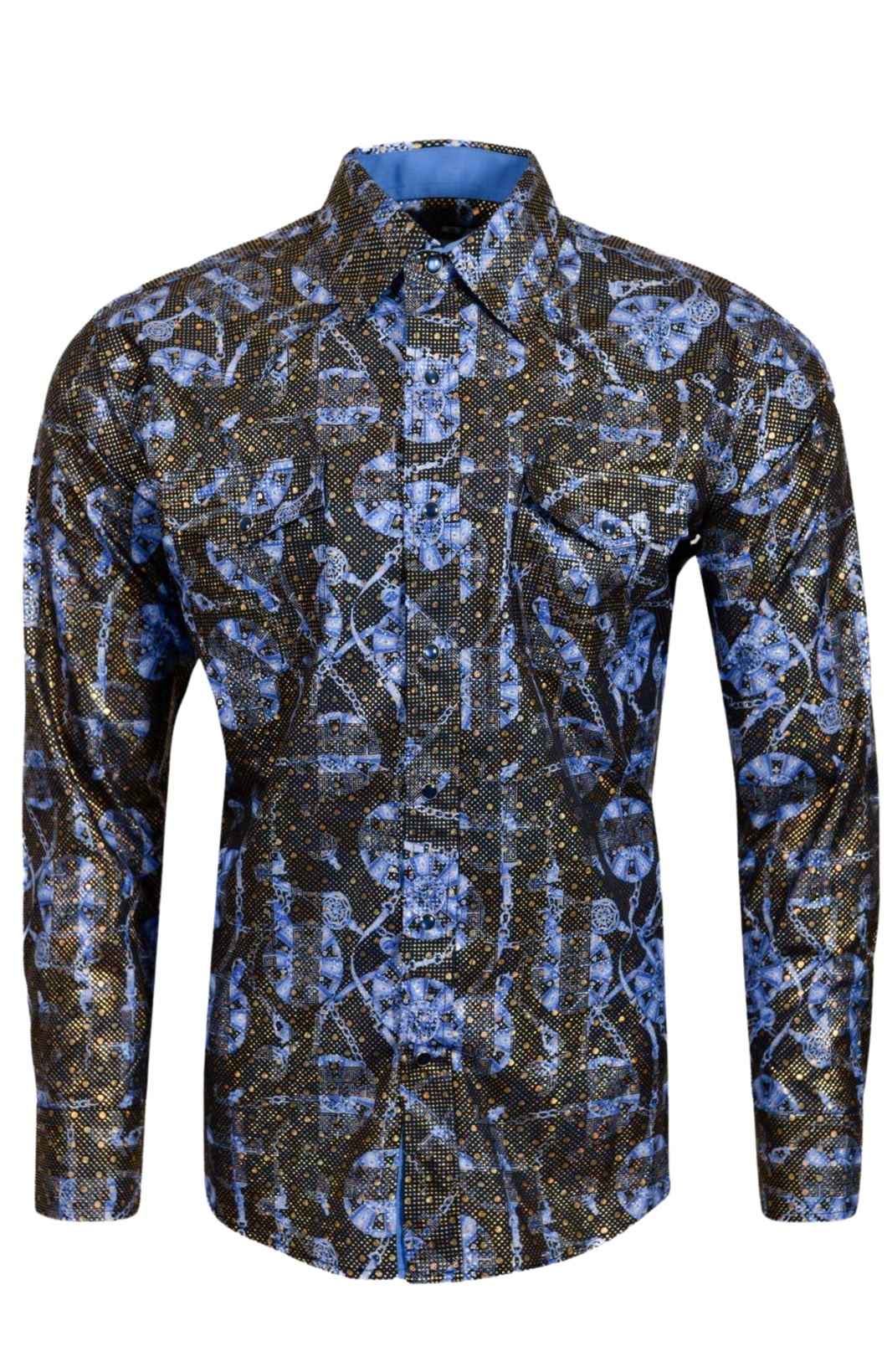 BUCKEROO SHIRTS: NAVY BLUE/BLACK GEOMETRIC GOLD FOIL