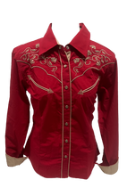 Load image into Gallery viewer, LADIES BUCKEROO SHIRTS: RED TRIBAL EMBROIDERY PEARL SNAP
