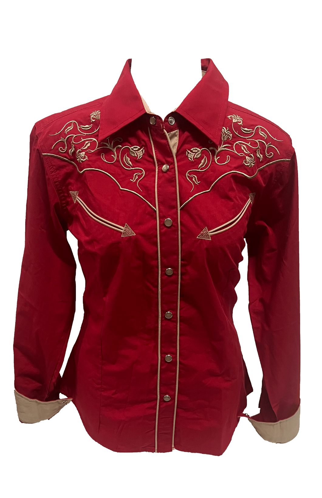 LADIES BUCKEROO SHIRTS: RED TRIBAL EMBROIDERY PEARL SNAP