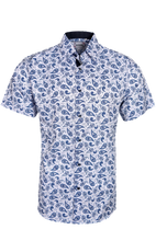 Load image into Gallery viewer, BUCKEROO SHIRTS: WHITE/BLUE PAISLEY SHORT SLEEVE PEARL SNAP
