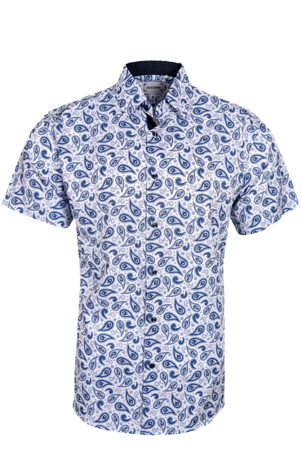 BUCKEROO SHIRTS: WHITE/BLUE PAISLEY SHORT SLEEVE PEARL SNAP