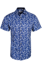 Load image into Gallery viewer, BUCKEROO SHIRTS: BLUE/WHITE PAISLEY SHORT SLEEVE PEARL SNAP
