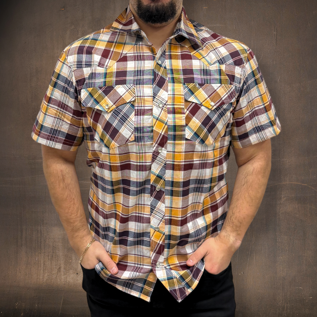 RODEO WESTERN SHIRTS: GOLD & BURGUNDY SHORT SLEEVE PLAID