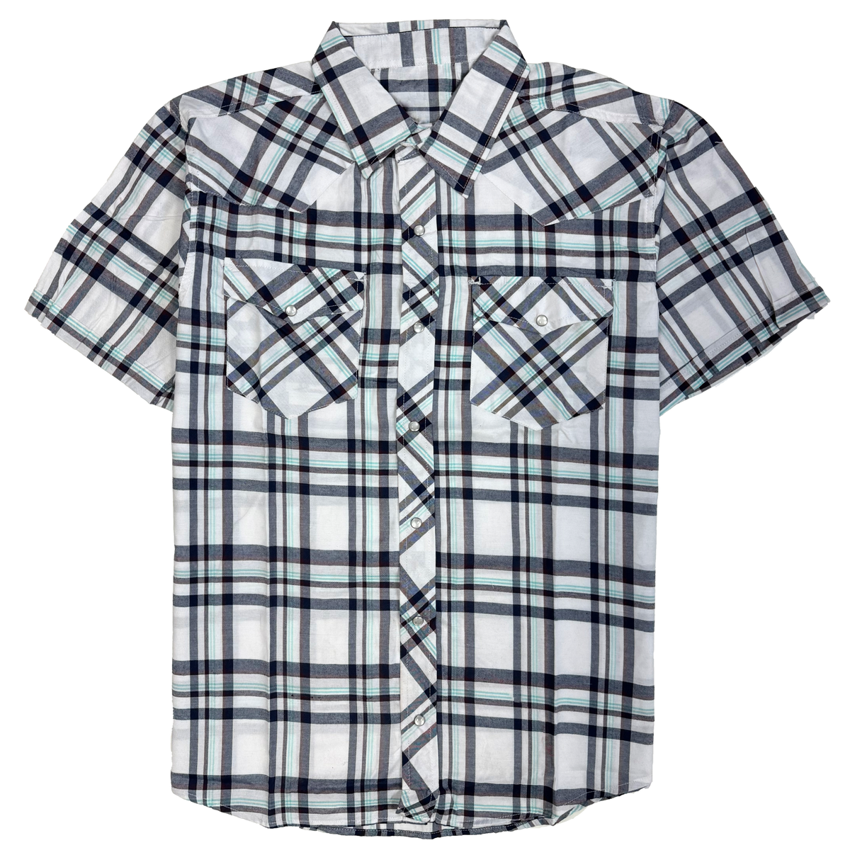 RODEO WESTERN SHIRTS: WHITE & BLACK TEAL SHORT SLEEVE PLAID – Buckeroo ...