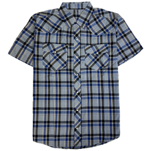 Load image into Gallery viewer, RODEO WESTERN SHIRTS: BLUE &amp; BLACK SHORT SLEEVE PLAID
