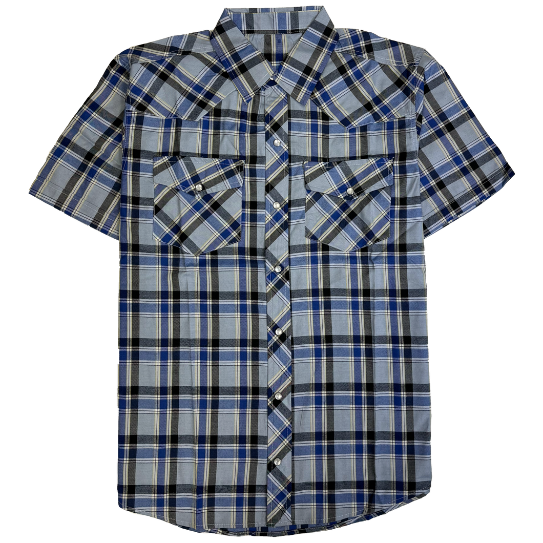 RODEO WESTERN SHIRTS: BLUE & BLACK SHORT SLEEVE PLAID